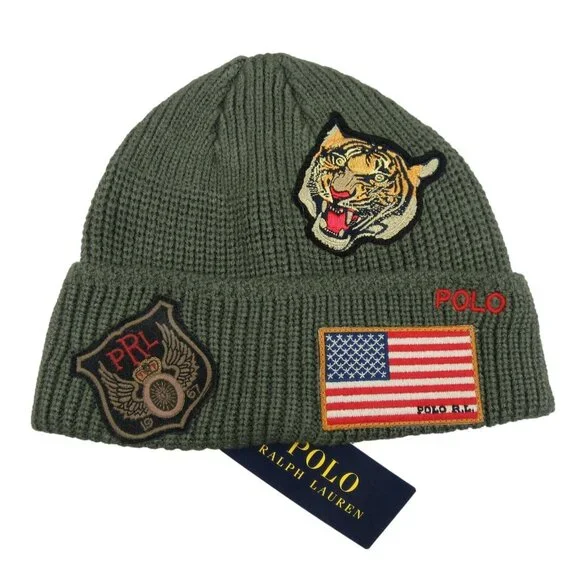Polo Ralph Lauren Patch RL Tiger USA Green Skull Beanie Cap One Size NEW - Picture 1 of 11